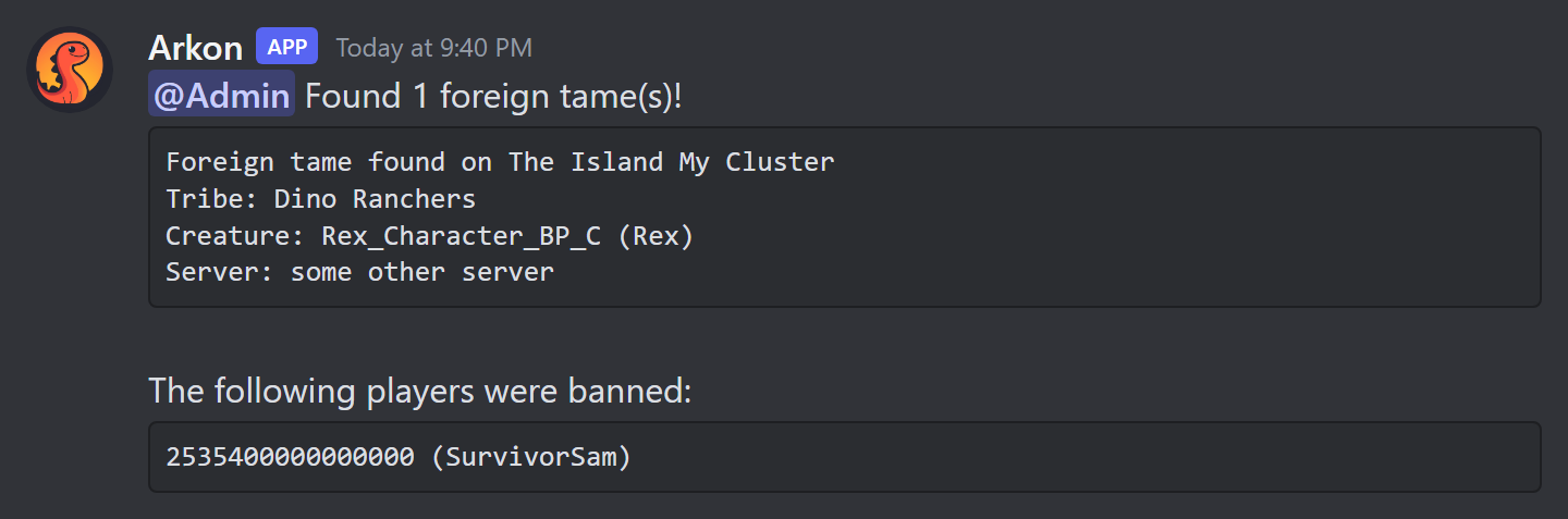 An automatic alert saying foreign tames were found and which players were banned