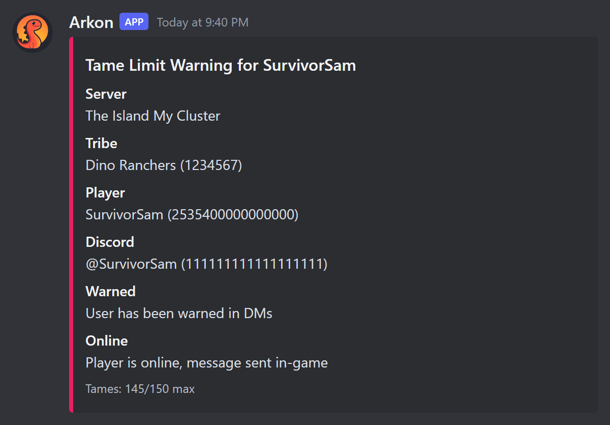 A Tame Limit Warning card in the event log showing server, tribe, player, Discord user and that the player was warned
