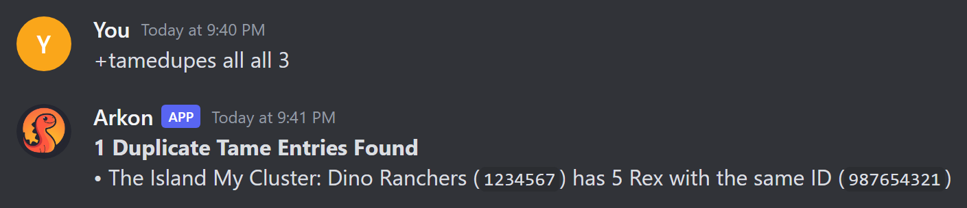 The result of the tamedupes command listing a tribe with duplicated Rexes