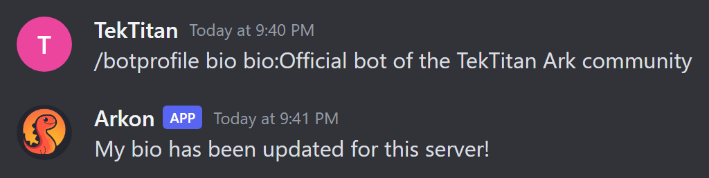 The reply after setting the bot bio