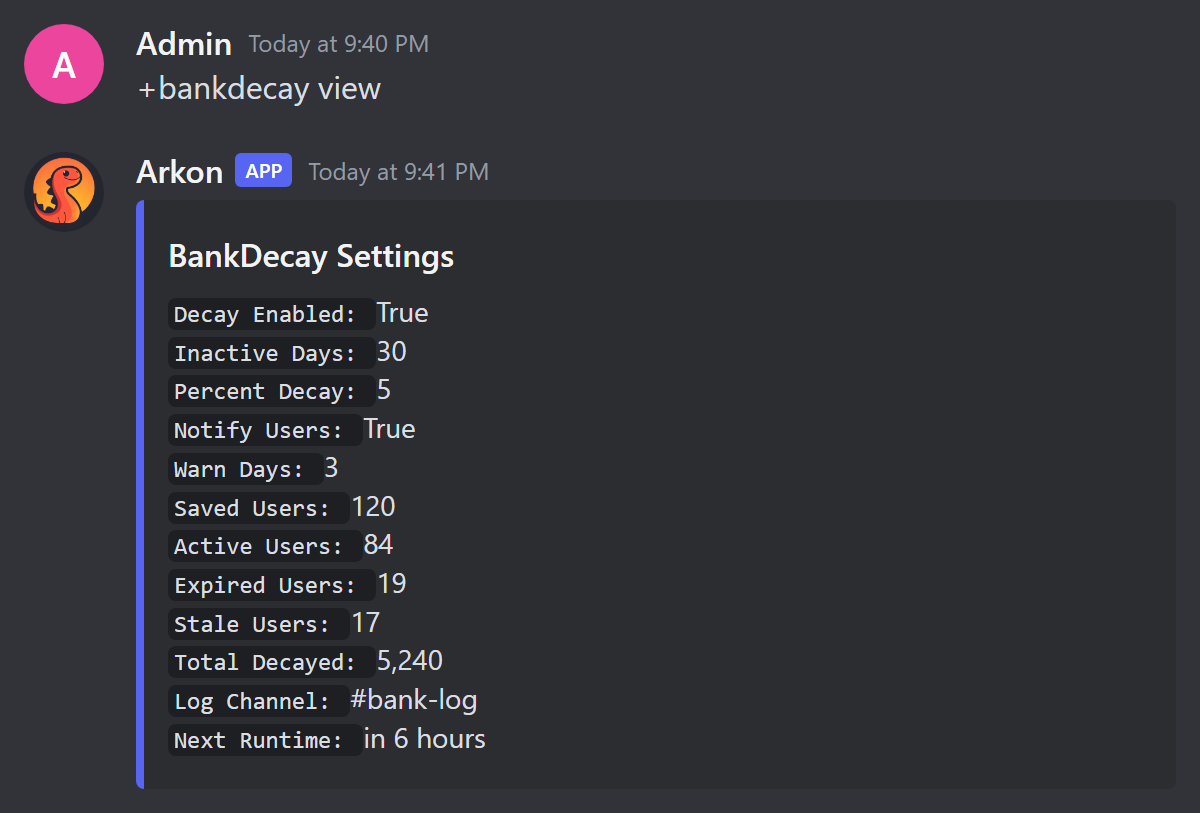 The BankDecay Settings embed