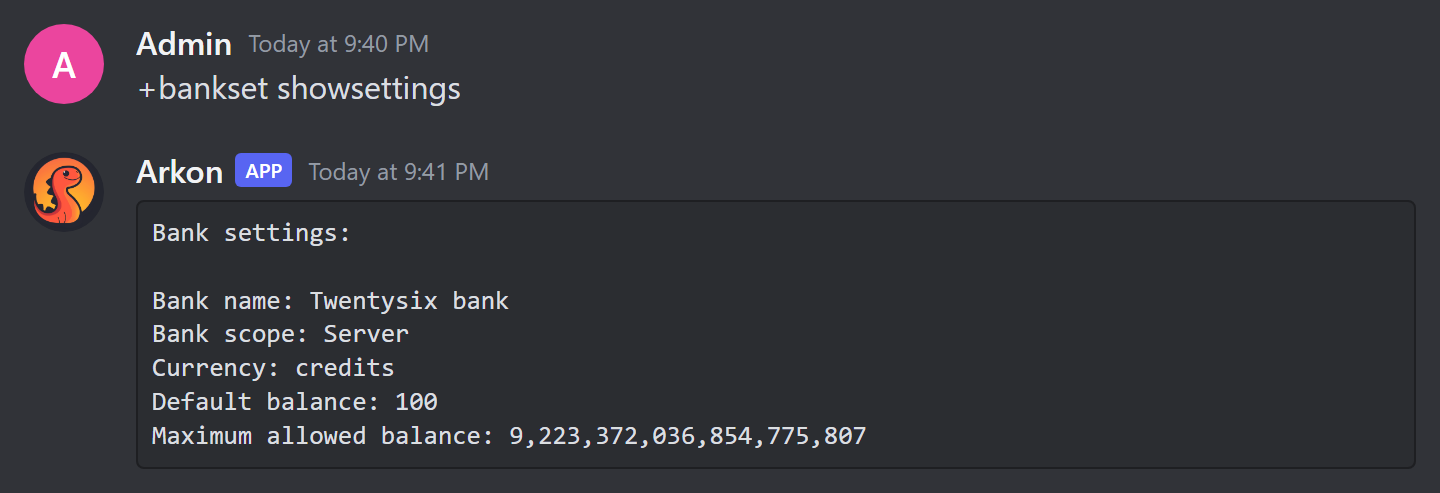 The bank settings shown by bankset showsettings