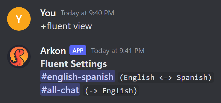 The +fluent view list showing one two-way channel and one single-language channel