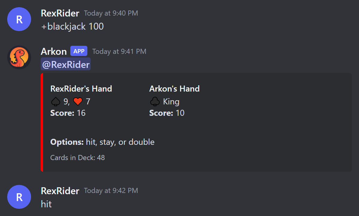 A blackjack hand with the options hit, stay or double
