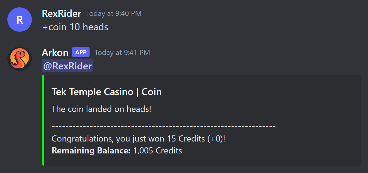 The green result message after winning a coin flip