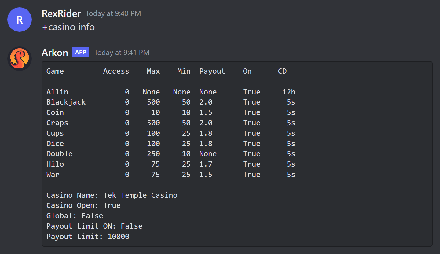 The casino info table listing every game