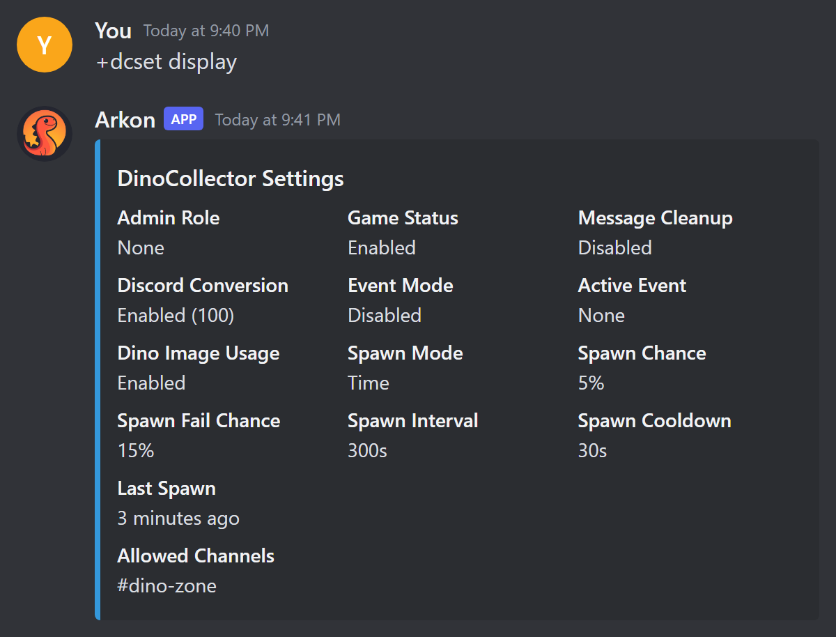 Dino Collector settings embed