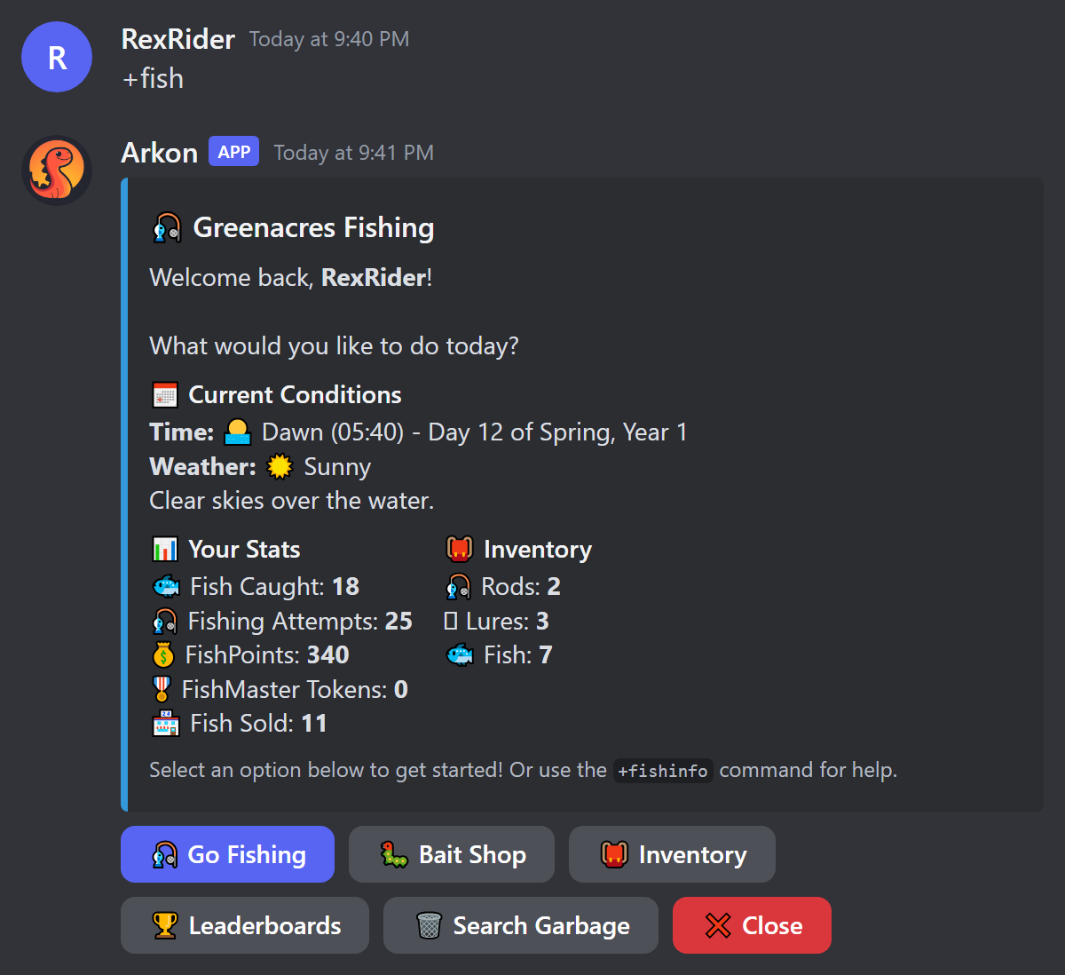 The fishing main menu