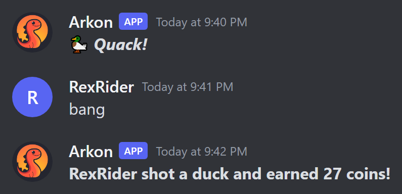 A duck appears in the channel, a player types bang and Arkon announces the shot