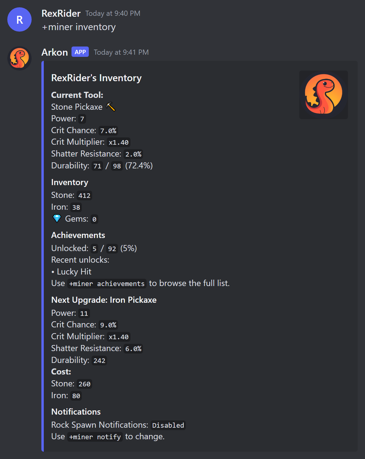 The miner inventory embed showing tool, resources, achievements and next upgrade