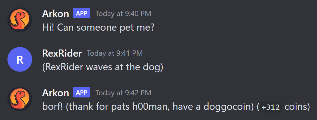 The dog asks to be petted, then thanks the player and pays out