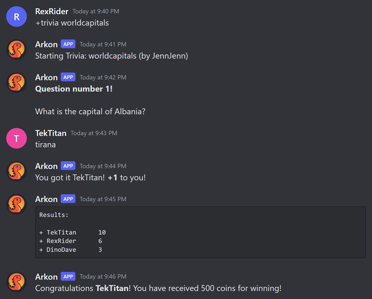 A trivia game: start message, a question, a correct answer and the final results