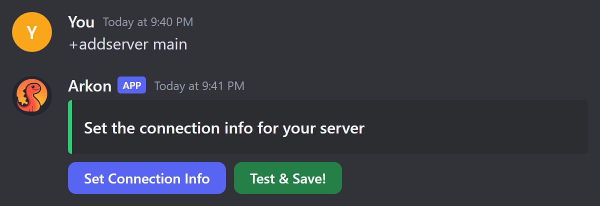 The +addserver message with Set Connection Info and Test and Save buttons