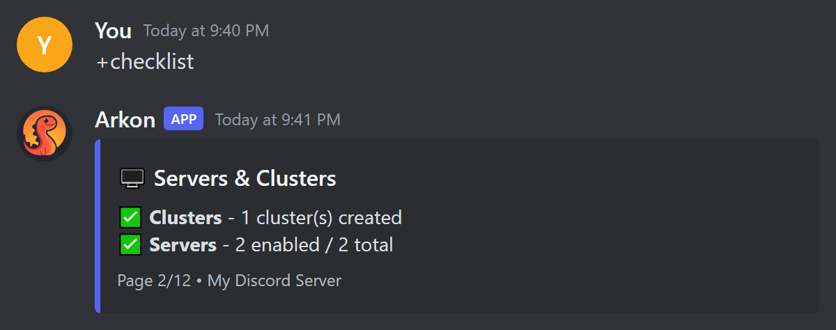 A checklist page showing the Servers and Clusters category