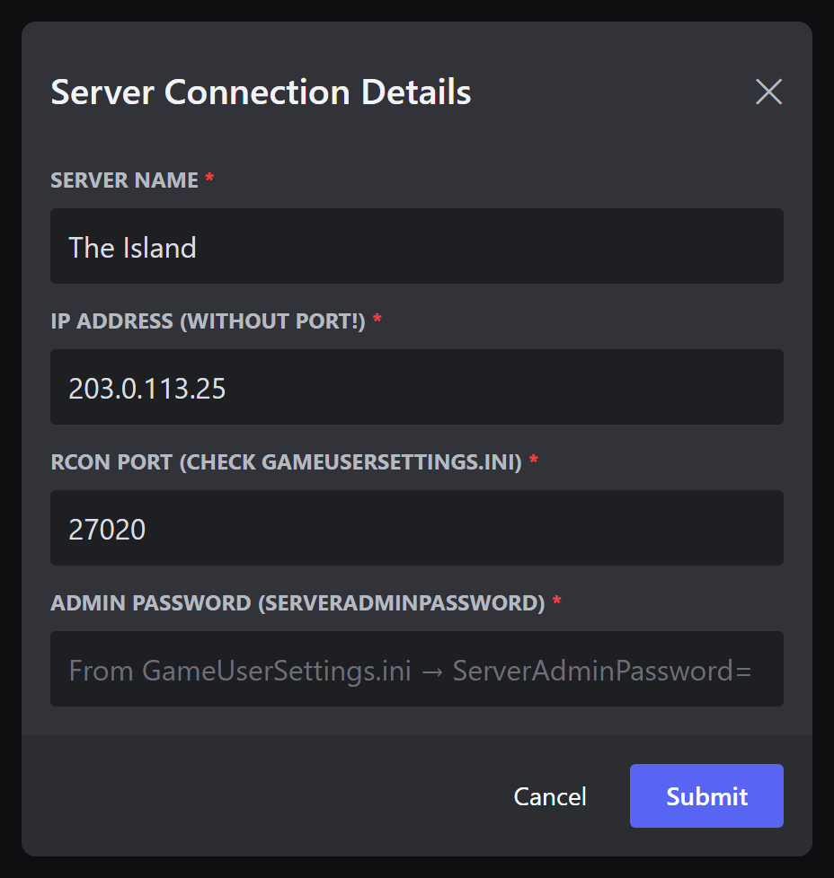 The Server Connection Details popup form in the /setup wizard
