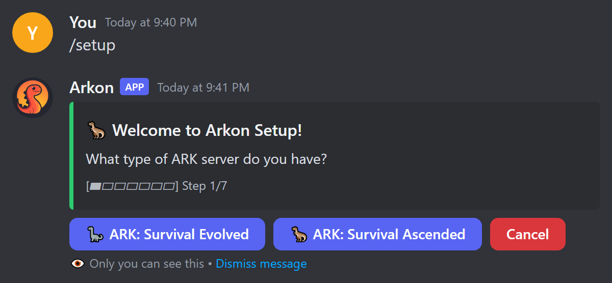 The first screen of the /setup wizard asking which type of Ark server you have