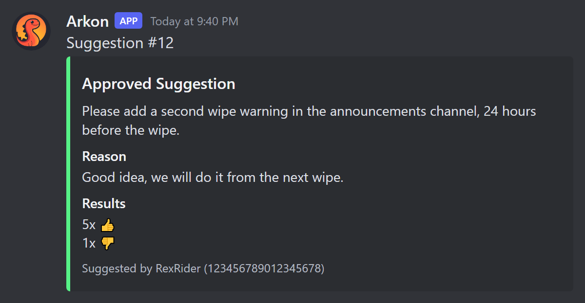 An approved suggestion posted in the approved channel with its vote results