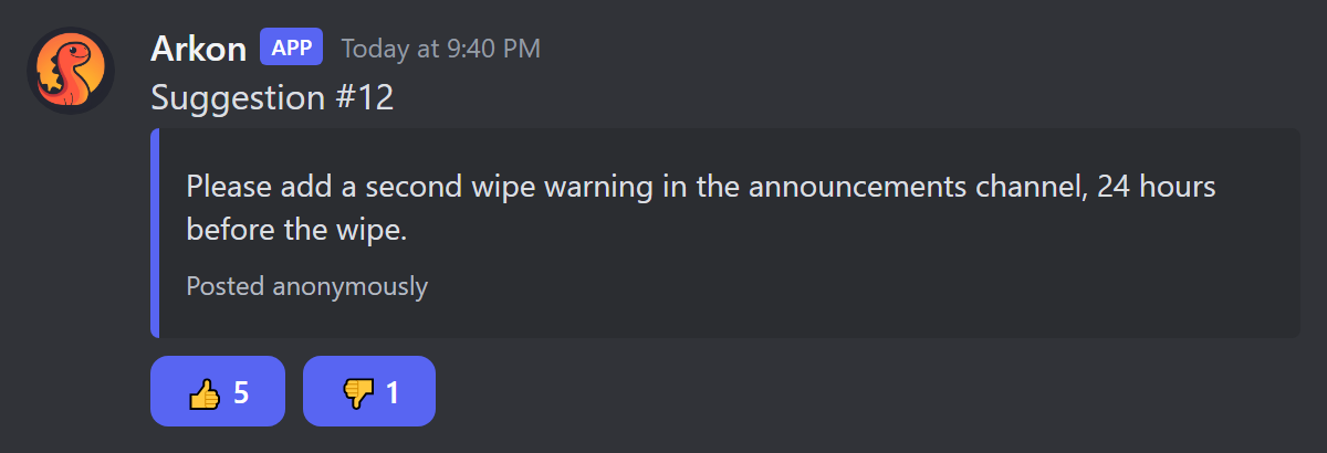 A new suggestion in the pending channel with upvote and downvote buttons