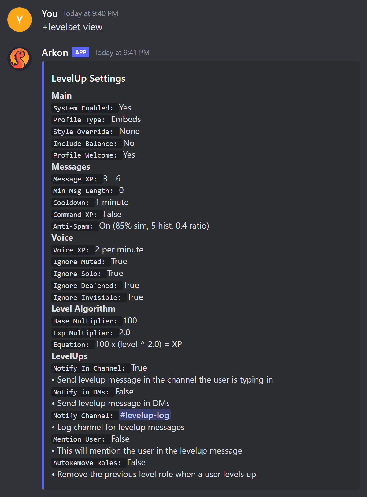 The LevelUp Settings embed