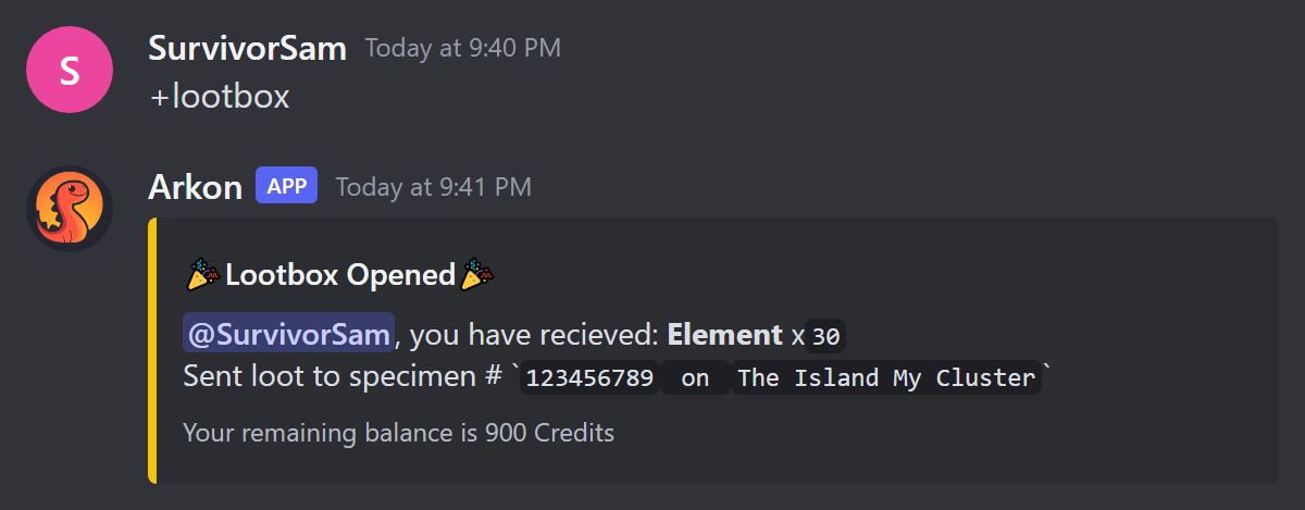 The Lootbox Opened message