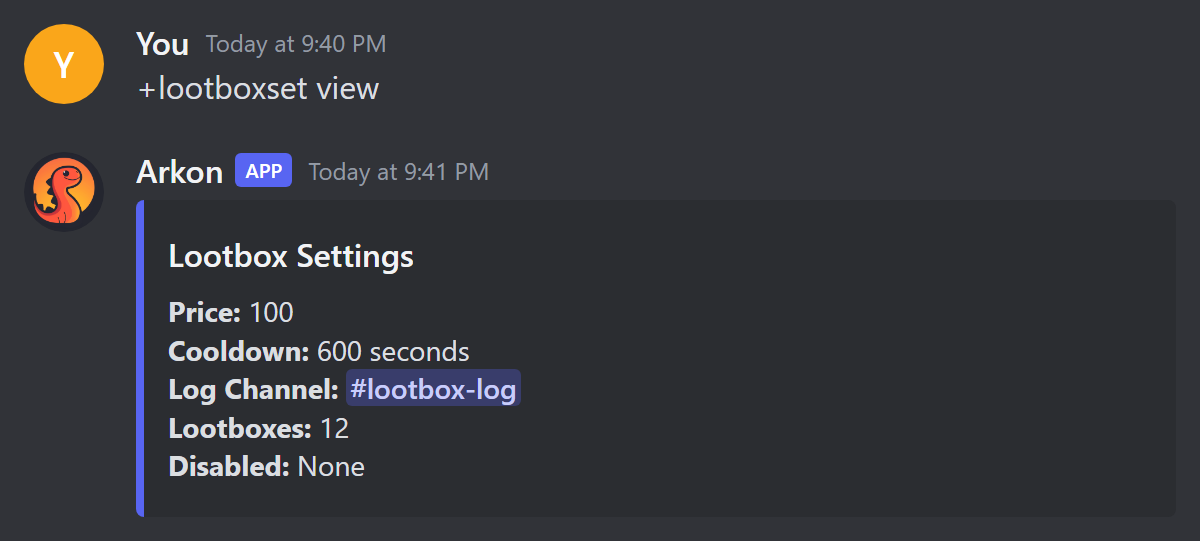 The Lootbox Settings embed