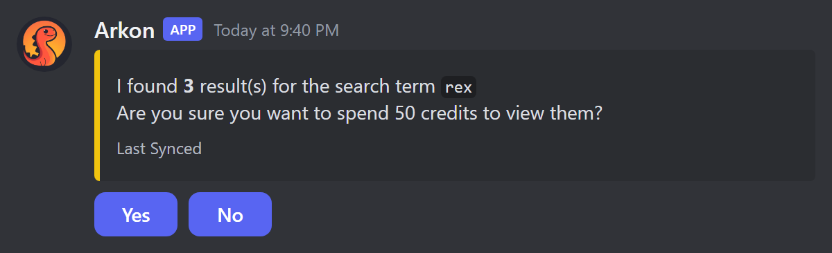 Arkon asking the player to confirm spending currency to see hunt results