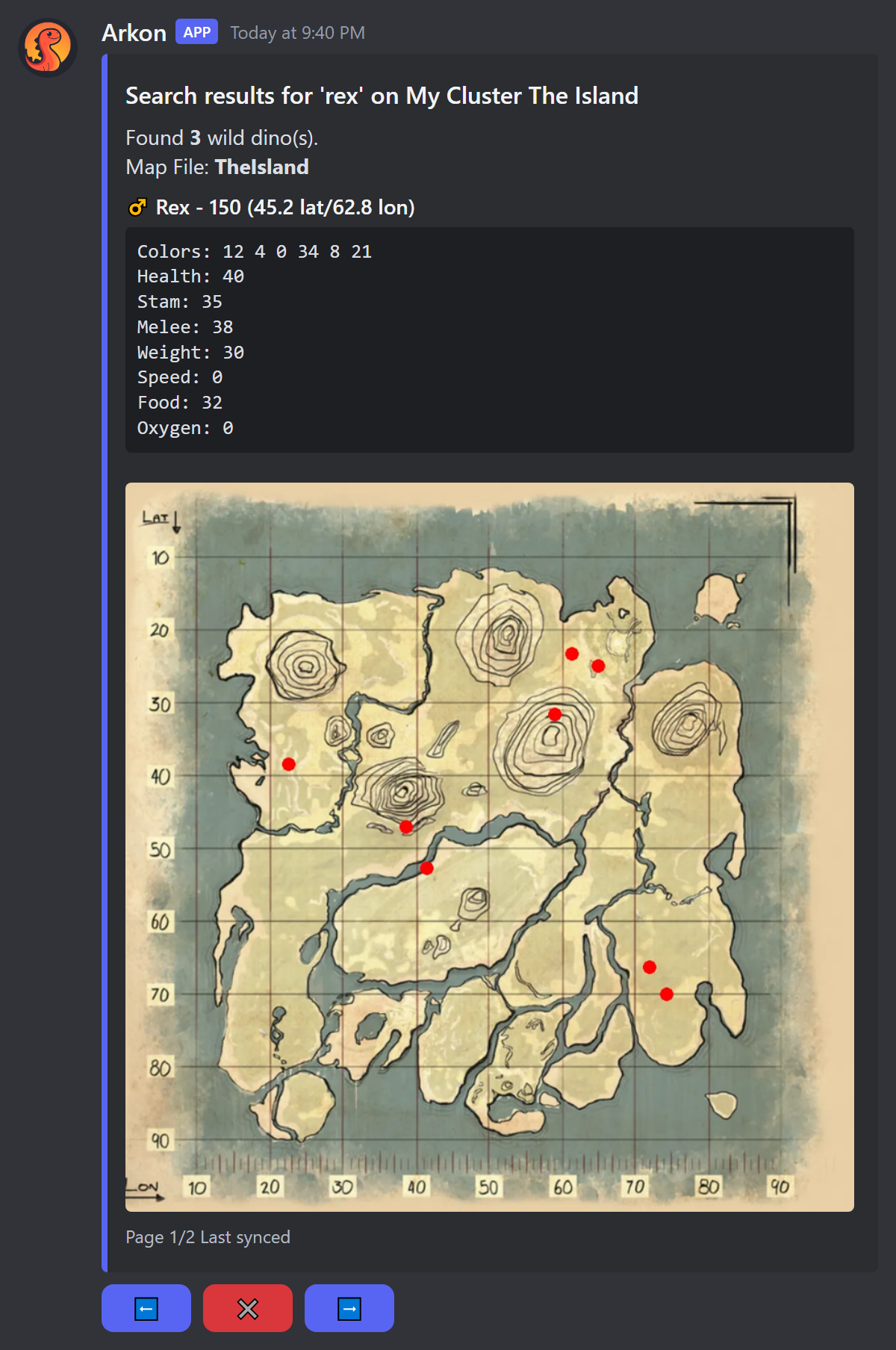 Hunt results listing wild Rexes with level and map coordinates and a map picture