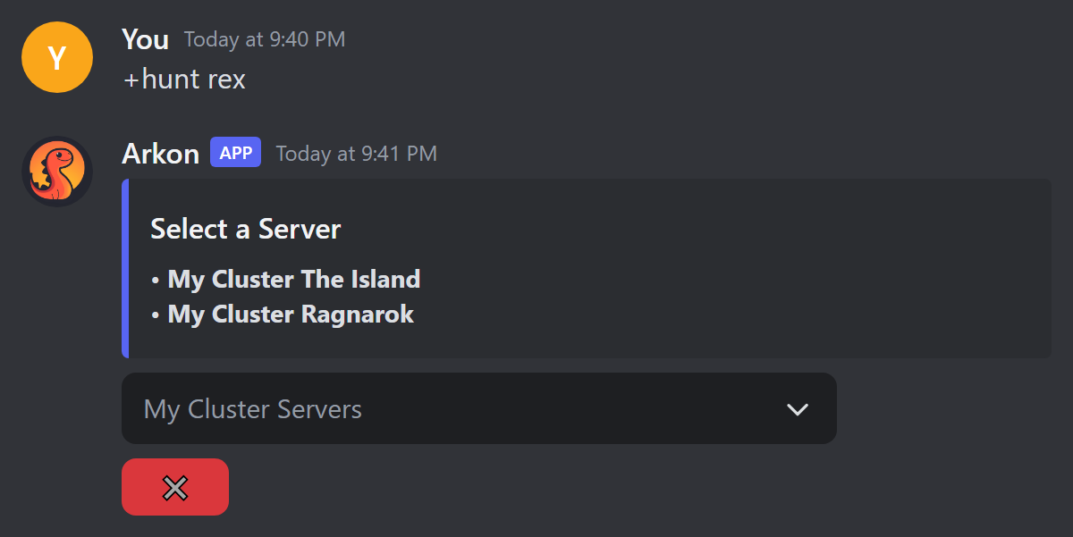 The Select a Server menu shown after typing +hunt rex
