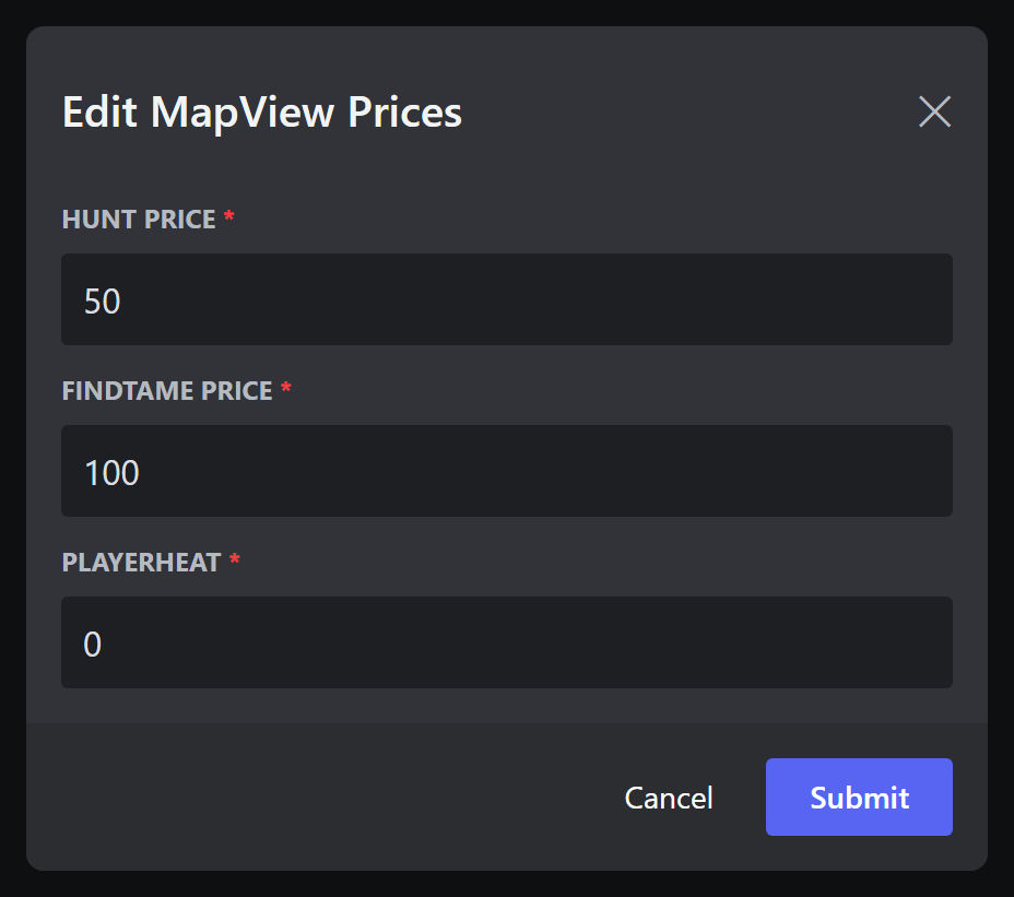 The Edit MapView Prices popup with four price boxes