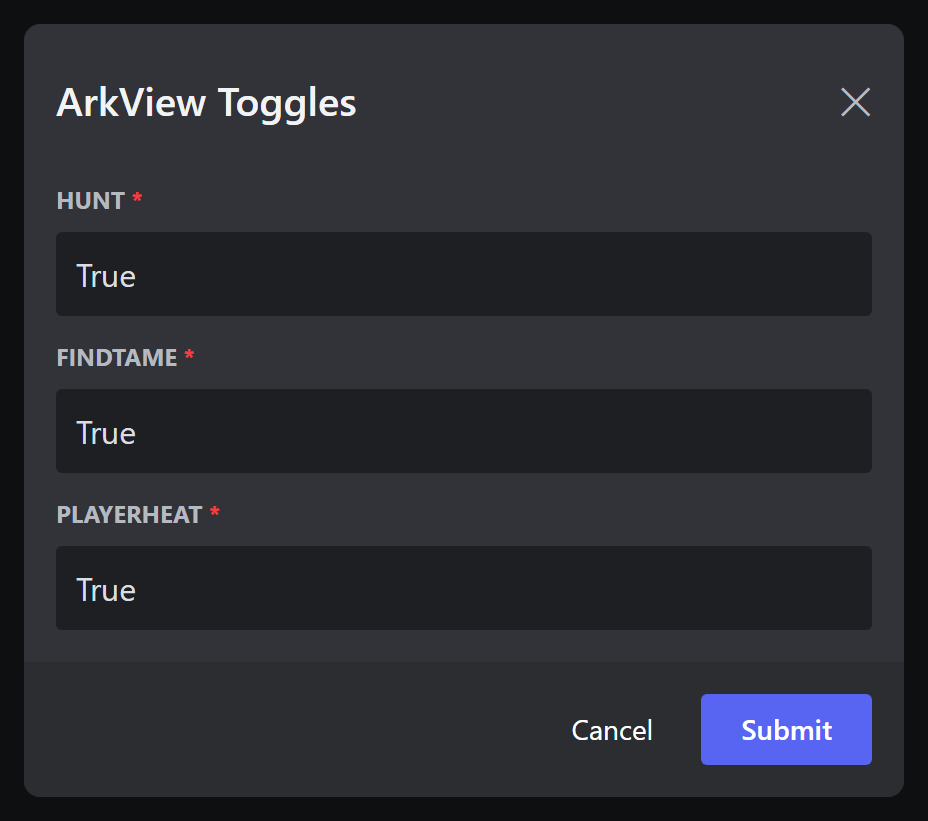 The ArkView Toggles popup with Hunt, FindTame and Playerheat boxes