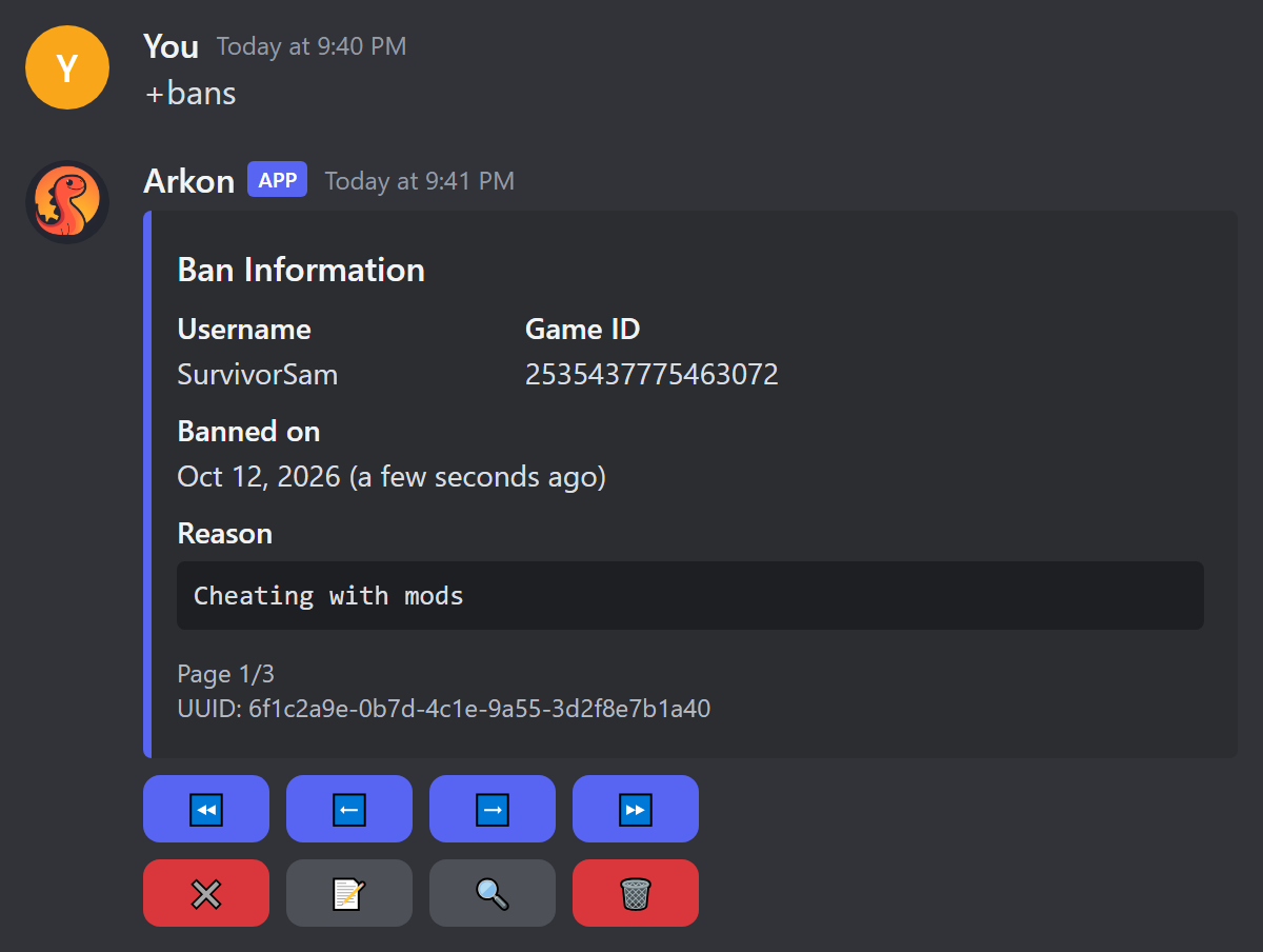 The ban browser showing one ban with page arrows and search, edit and delete buttons