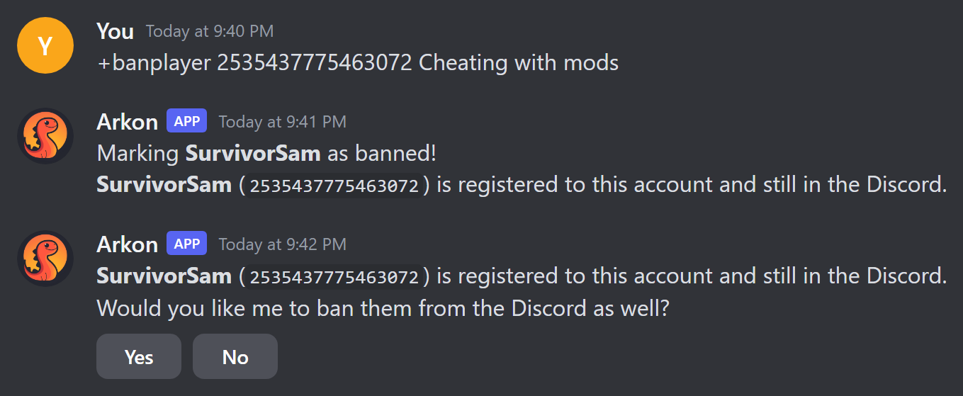 Arkon marks a player as banned and asks if you want to ban them from Discord too