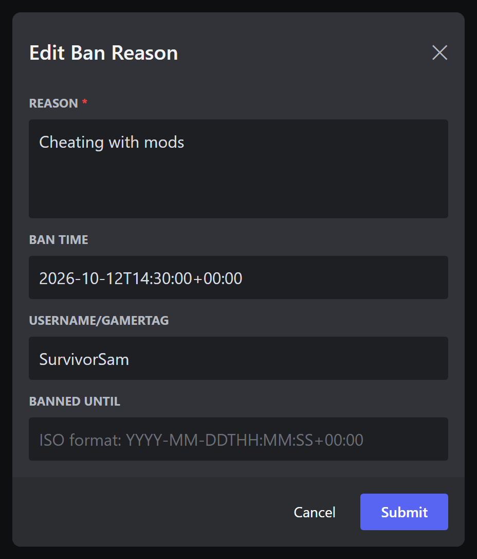 The Edit Ban Reason popup form