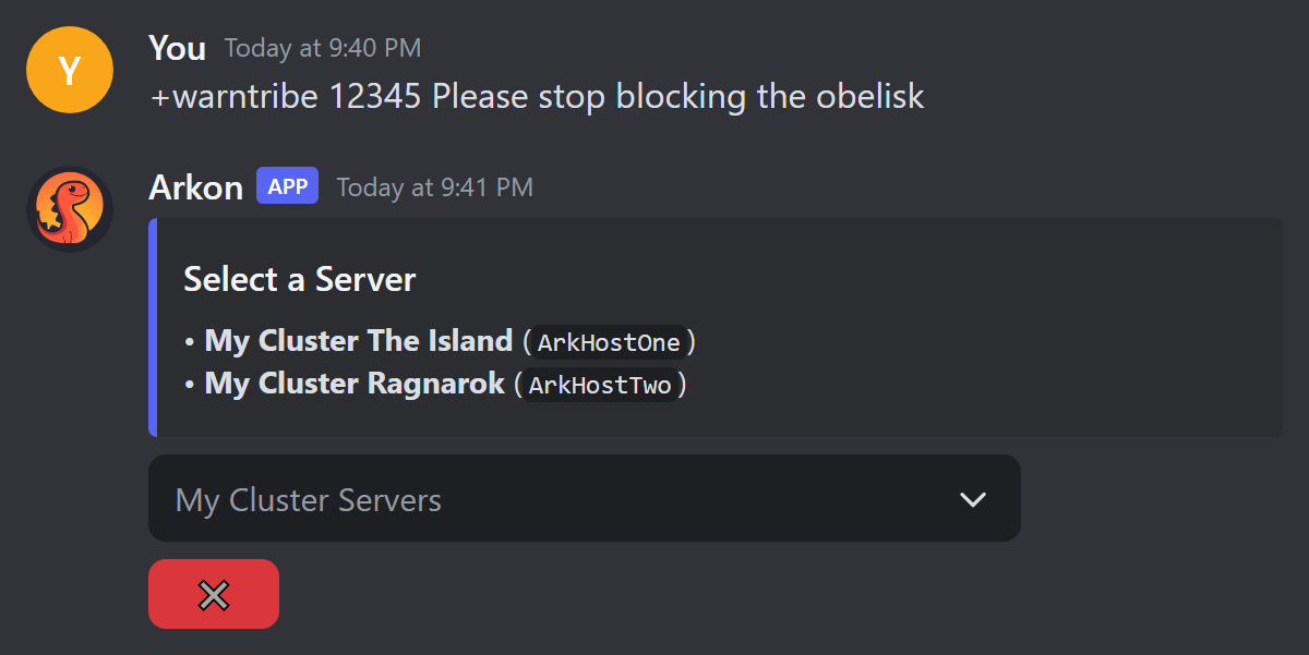 The Select a Server menu shown before a tribe command runs