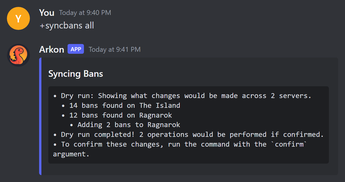 The Syncing Bans log from a dry run, listing what would change