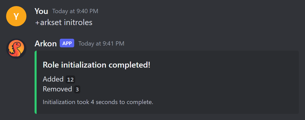 The green Role initialization completed embed