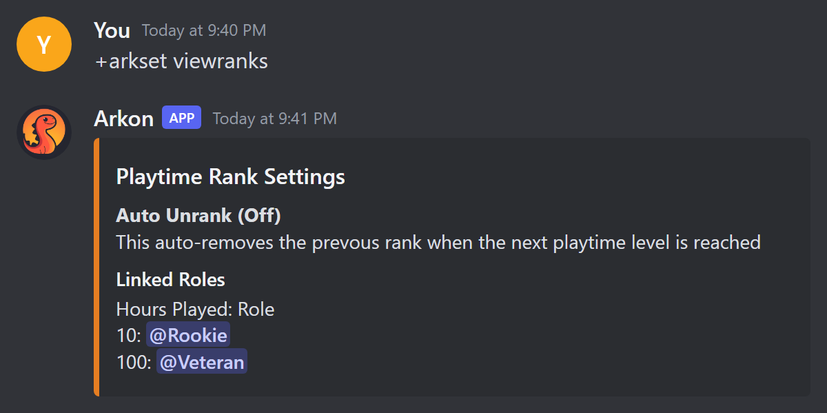 The Playtime Rank Settings embed listing hours and linked roles