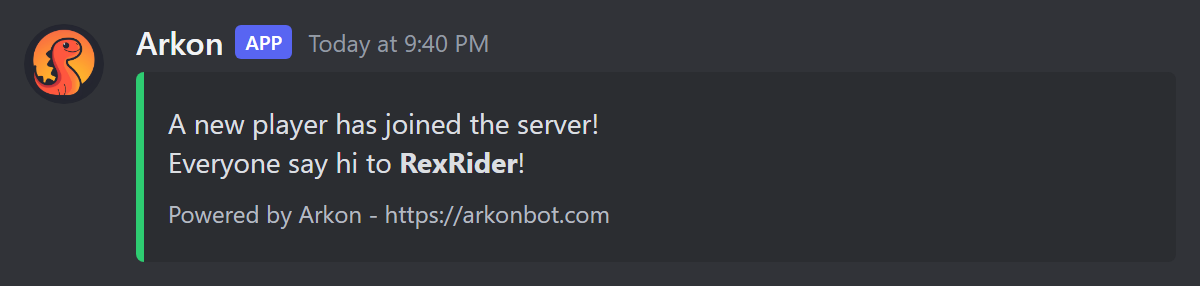 The green welcome embed posted in the chat channel for a new player