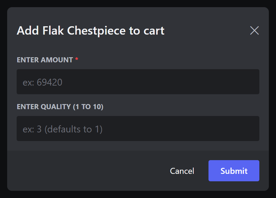 The popup asking for amount and quality