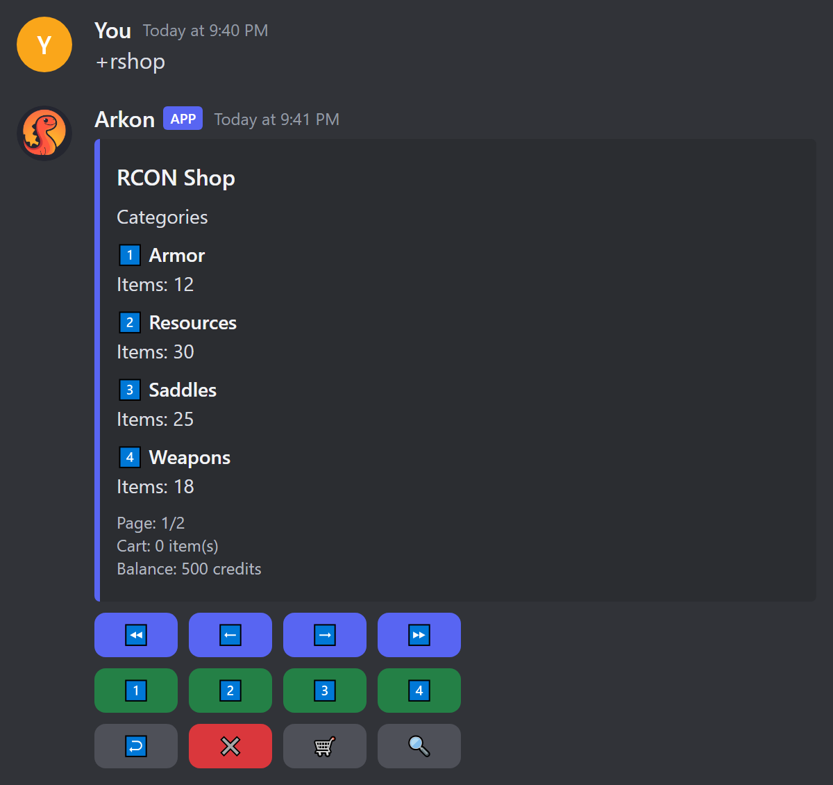 The RCON Shop menu showing categories