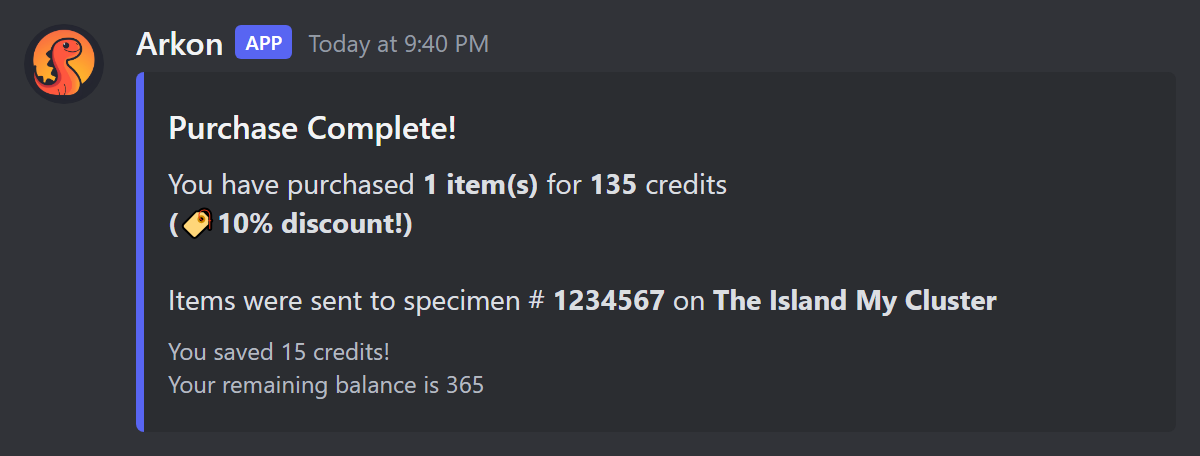 The purchase complete message