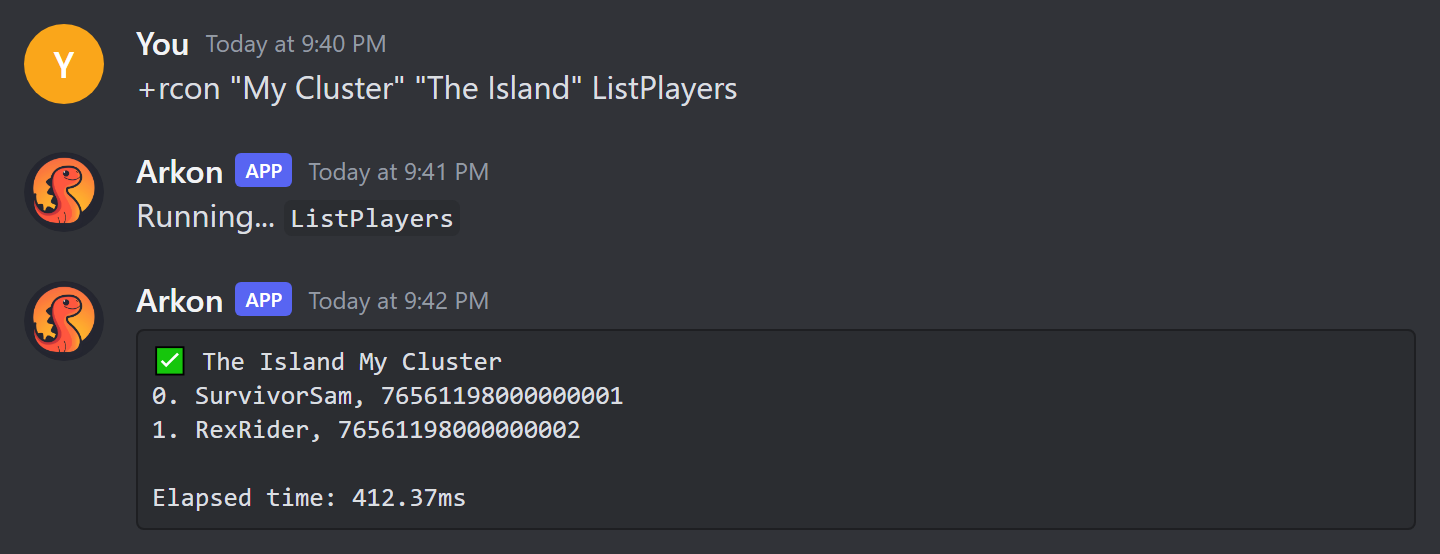 Arkon replying to +rcon ListPlayers with the player list from The Island