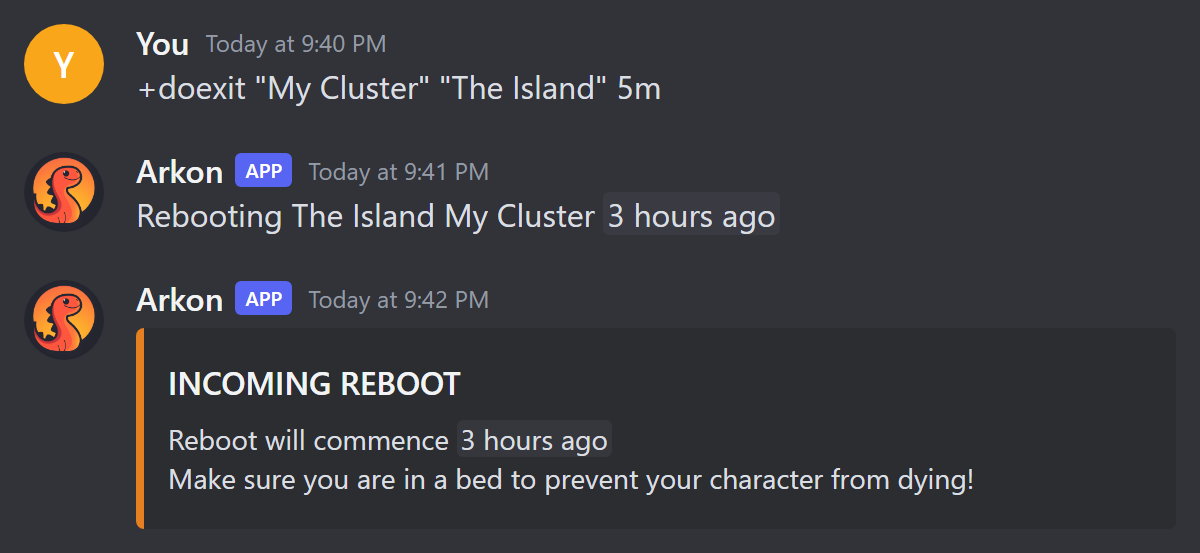 The orange INCOMING REBOOT warning in a server chat channel, and the command channel countdown