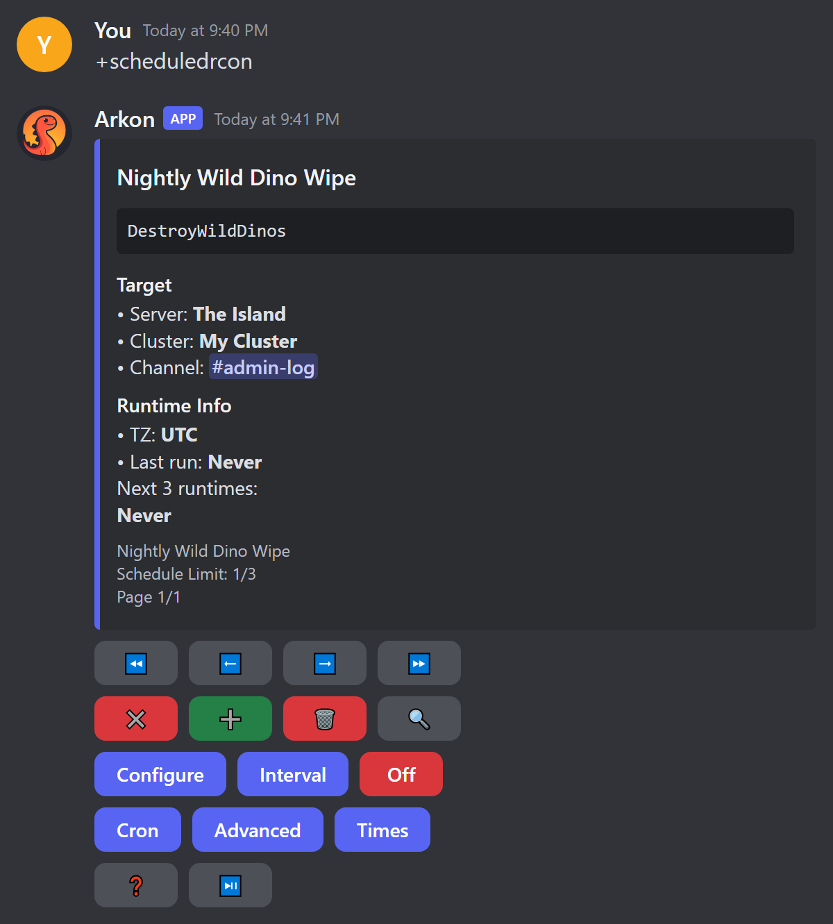 The scheduled commands menu showing one schedule and its buttons