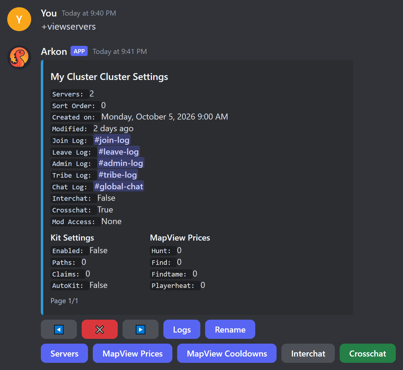 The +viewservers menu showing the My Cluster page