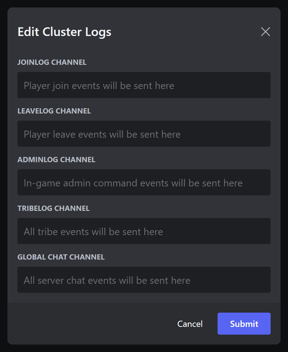 The Edit Cluster Logs popup with five channel pickers