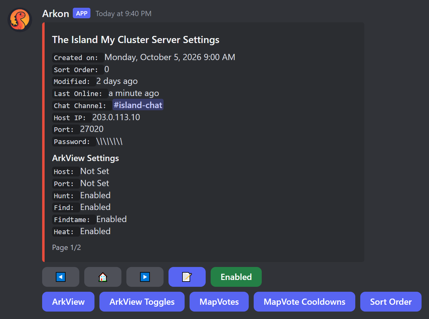 The server page of the +viewservers menu for The Island