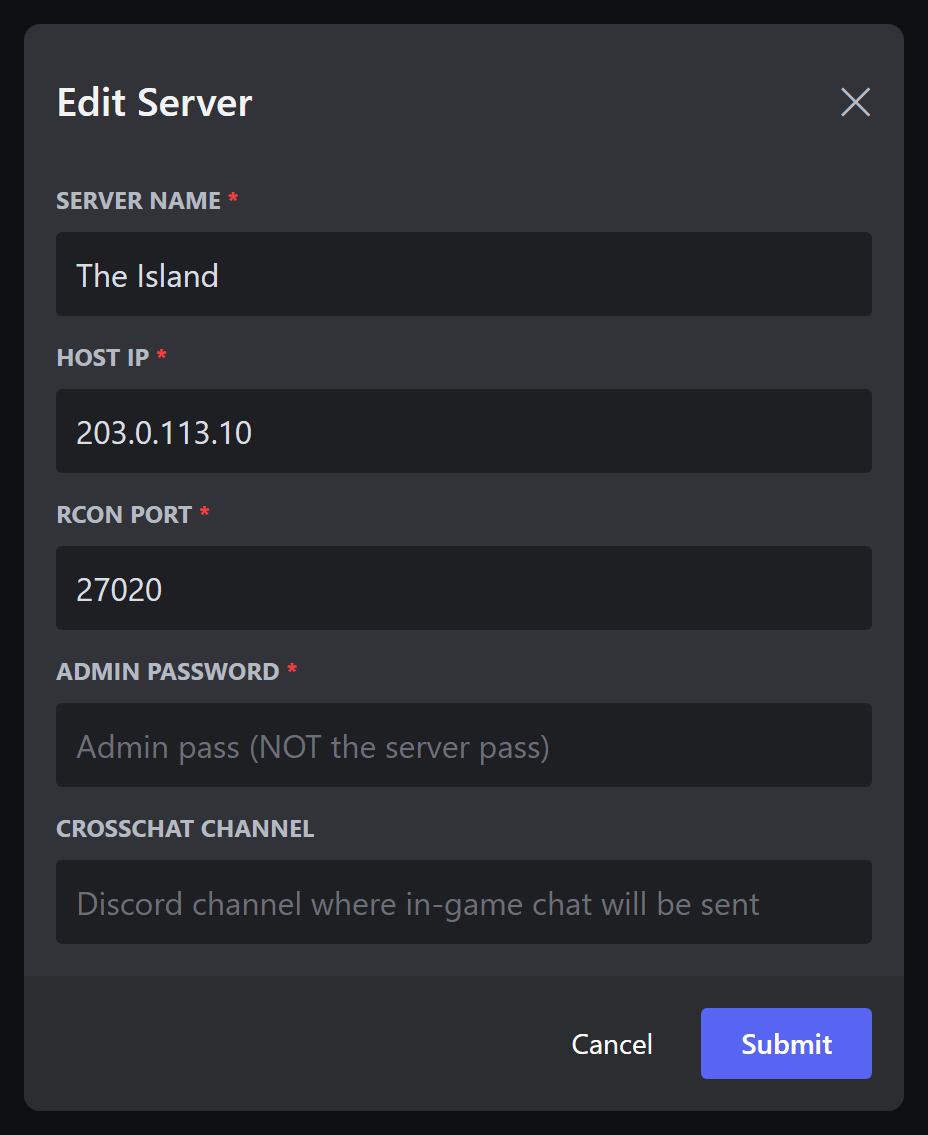 The Edit Server popup with name, host, RCON port and password