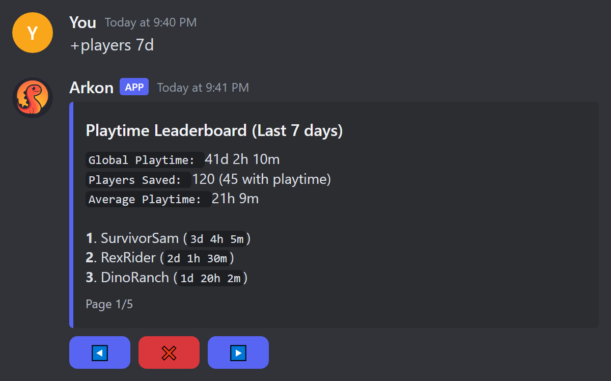 The playtime leaderboard with paging buttons
