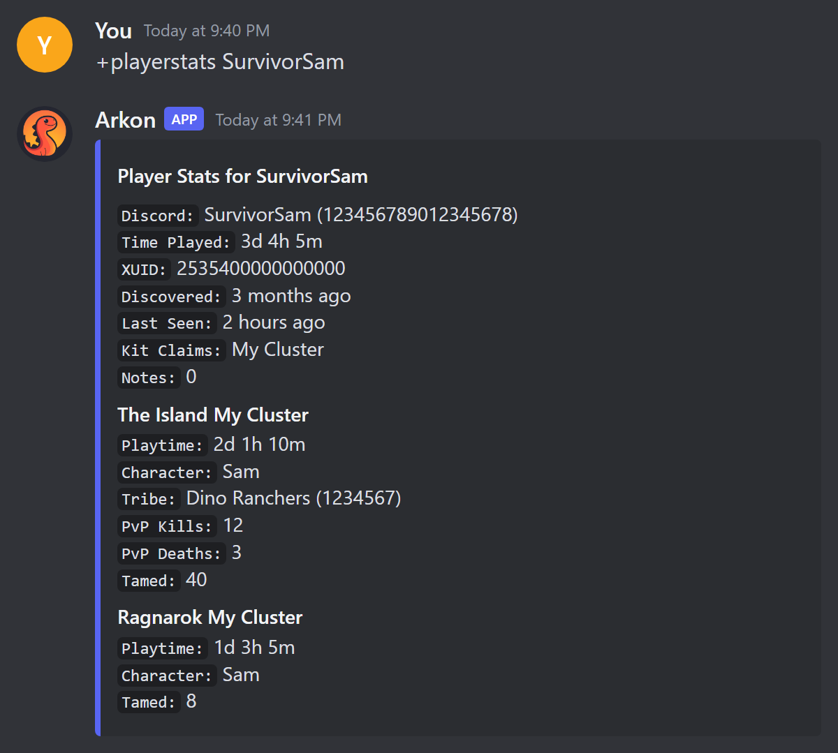 A player stat card for SurvivorSam